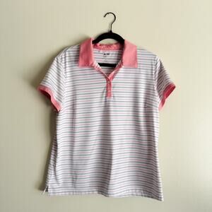 Adidas White + Pink Striped Short Sleeve Golf Polo Tee - XL